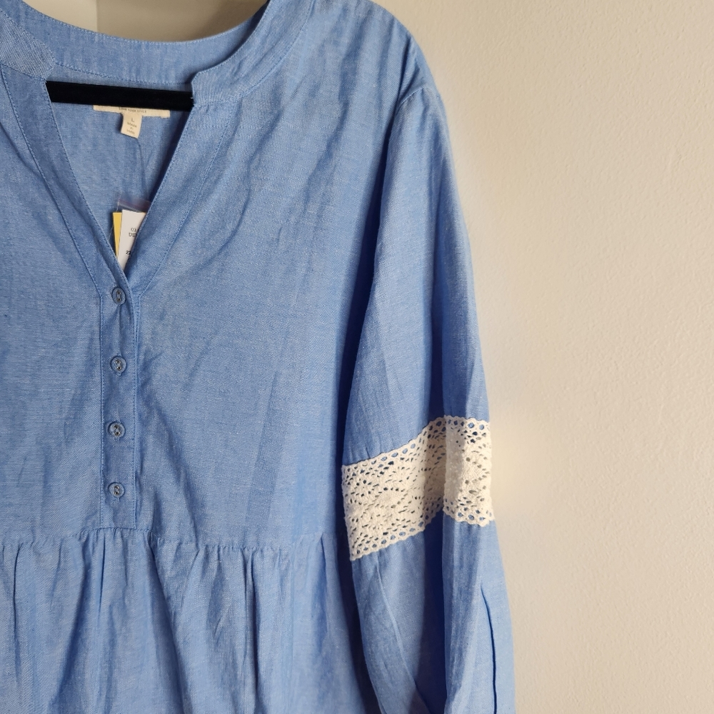 Linda Anderson NWT womens Large crochet lace detail tiered chambray dress - Picture 2 of 6